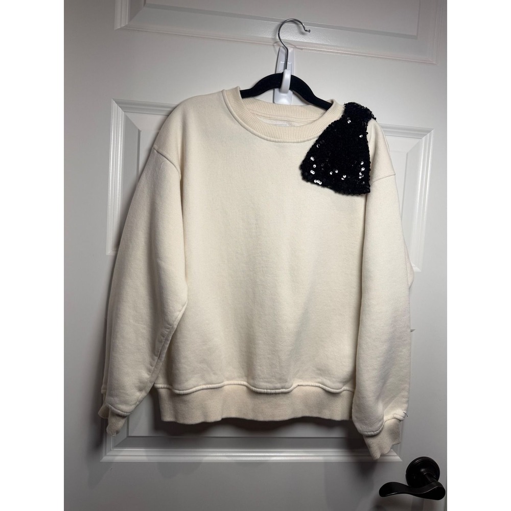 Zara Girls Cream Sequin Bow Shoulder Sweatshirt Size 11-12 Off White Crewneck